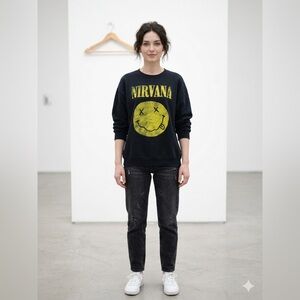 NIRVANA Black Sweatshirt with Yellow Smiley Graphic